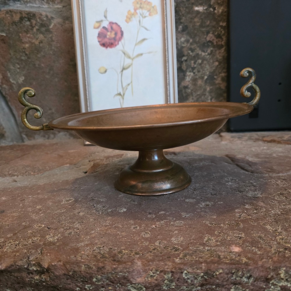 Vintage Copper Pedestal Bowl Brass Scroll Handles Footed Centerpiece Dish 9.5in
